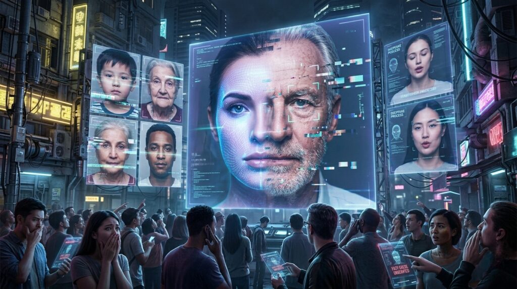 Visual deepfake berbasis AI yang mengubah wajah seseorang menjadi berbagai identitas palsu melalui teknologi kecerdasan buatan.