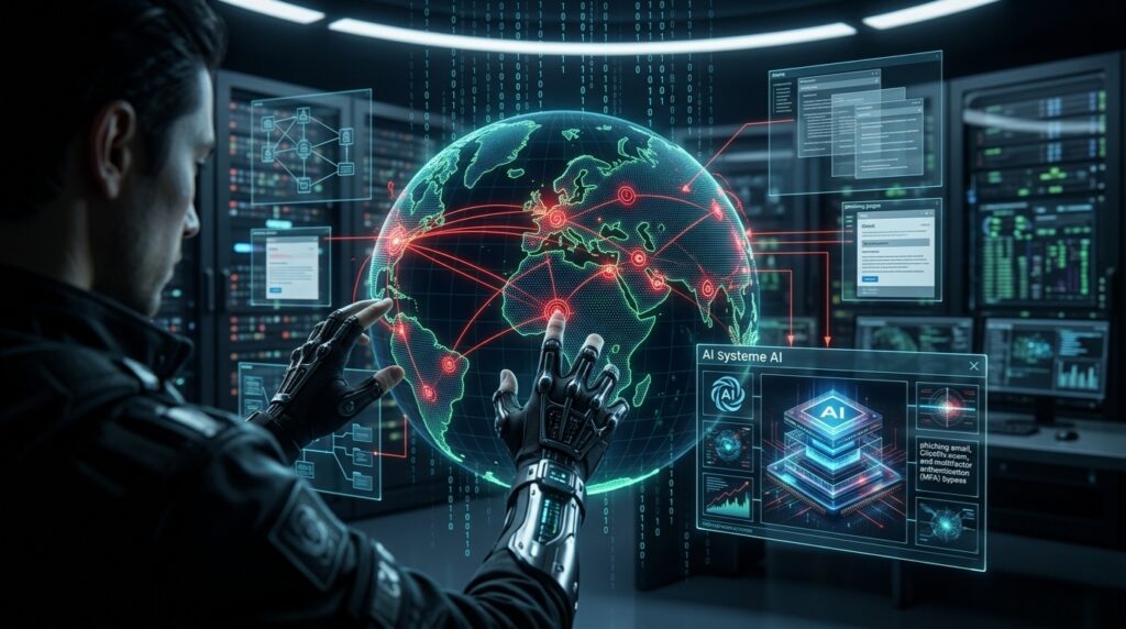 Ilustrasi hacker menggunakan kecerdasan buatan untuk menjalankan serangan siber, phishing, dan pencurian data secara otomatis.