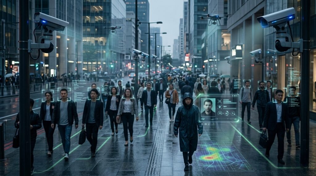Sistem pengawasan berbasis AI memantau aktivitas masyarakat menggunakan kamera CCTV dan teknologi pengenal wajah.
