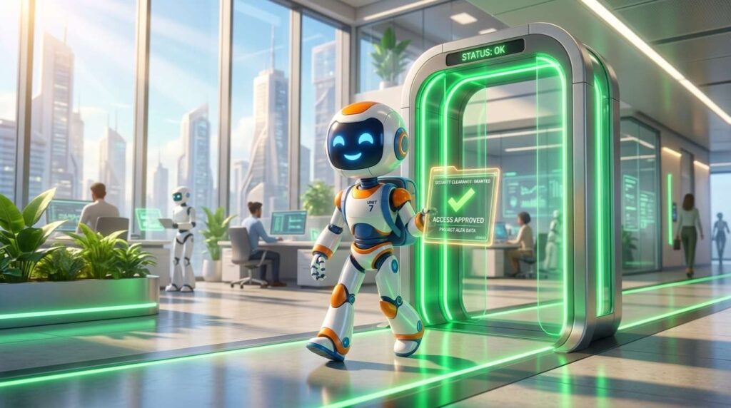 Ilustrasi 3D robot melewati gerbang keamanan dengan folder bercentang hijau, merepresentasikan pentingnya kepatuhan startup teknologi terhadap standar regulasi AI global.