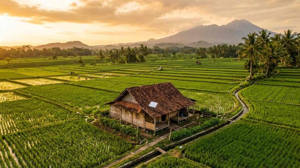 Menggambarkan suasana pedesaan yang otentik. Menyorot sebuah rumah yang letaknya jauh dari hiruk-pikuk jalan raya utama, benar-benar terisolasi di tengah hamparan sawah, namun sudah terkoneksi dengan teknologi satelit modern di atapnya kecepatan internet satelit