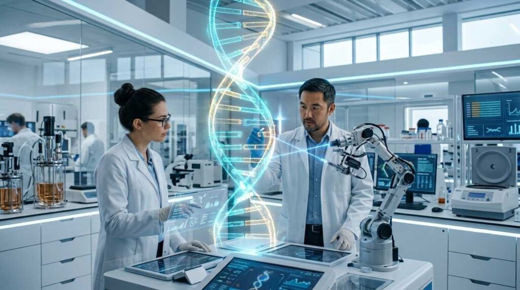 Ilmuwan meneliti struktur DNA menggunakan teknologi gene edit gen manusia untuk memperbaiki kelainan genetik penyebab penyakit turunan.