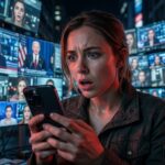 Ilustrasi teknologi deepfake AI yang memanipulasi identitas digital dengan wajah berubah menjadi berbagai versi berbeda di layar futuristik.