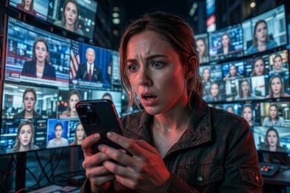 Ilustrasi teknologi deepfake AI yang memanipulasi identitas digital dengan wajah berubah menjadi berbagai versi berbeda di layar futuristik.