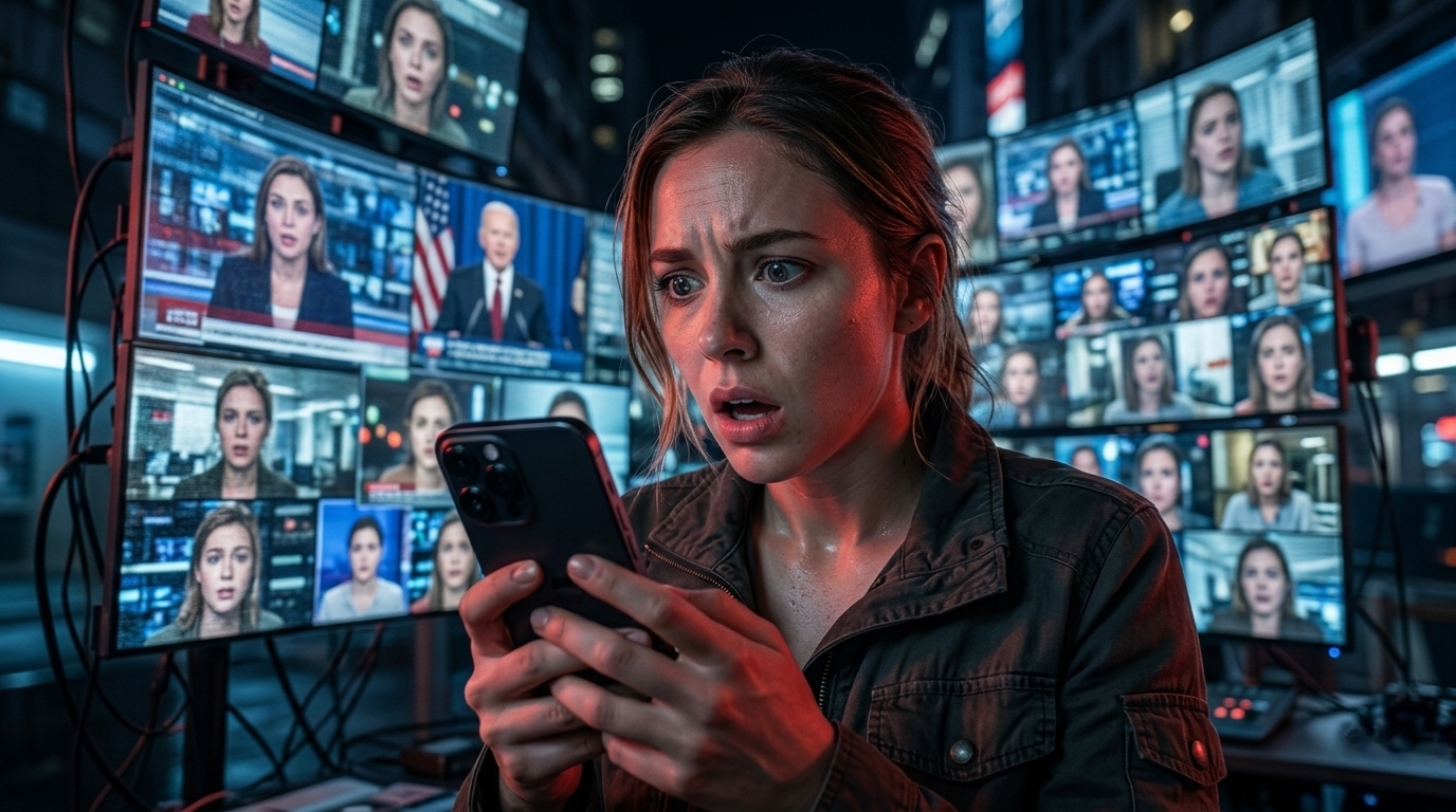 Ilustrasi teknologi deepfake AI yang memanipulasi identitas digital dengan wajah berubah menjadi berbagai versi berbeda di layar futuristik.