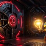 Ilustrasi 3D robot memegang lampu pijar emas di depan pintu brankas raksasa, melambangkan inovasi dan peluang startup lokal di tengah ketatnya regulasi AI global.