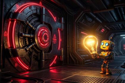 Ilustrasi 3D robot memegang lampu pijar emas di depan pintu brankas raksasa, melambangkan inovasi dan peluang startup lokal di tengah ketatnya regulasi AI global.