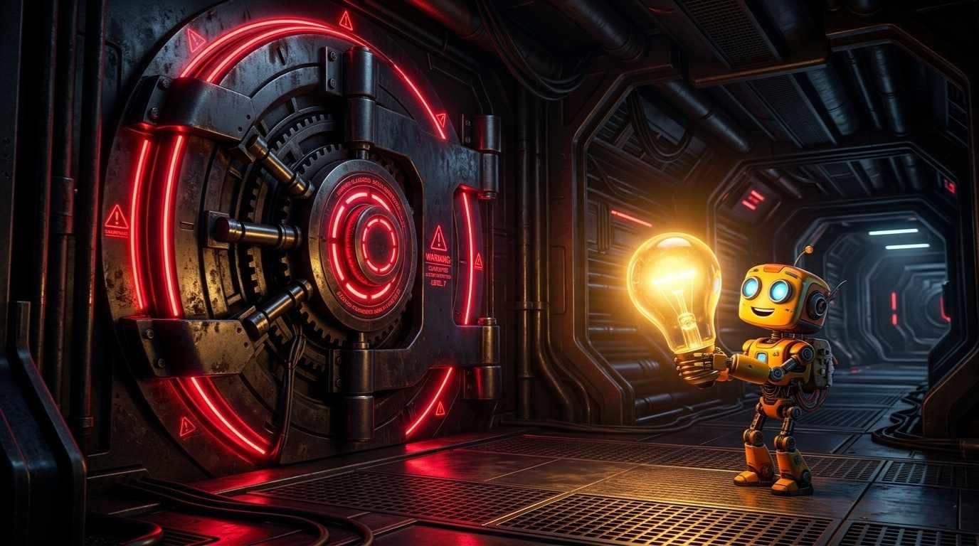 Ilustrasi 3D robot memegang lampu pijar emas di depan pintu brankas raksasa, melambangkan inovasi dan peluang startup lokal di tengah ketatnya regulasi AI global.