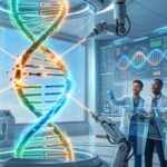 Ilustrasi teknologi edit gen manusia memperbaiki DNA manusia untuk menghilangkan penyakit turunan melalui inovasi rekayasa genetika modern.