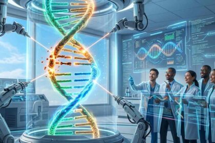 Ilustrasi teknologi edit gen manusia memperbaiki DNA manusia untuk menghilangkan penyakit turunan melalui inovasi rekayasa genetika modern.