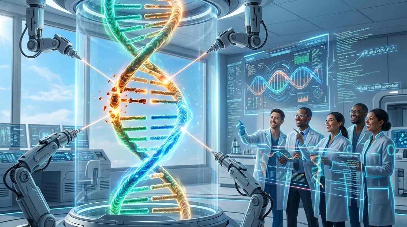 Ilustrasi teknologi edit gen manusia memperbaiki DNA manusia untuk menghilangkan penyakit turunan melalui inovasi rekayasa genetika modern.