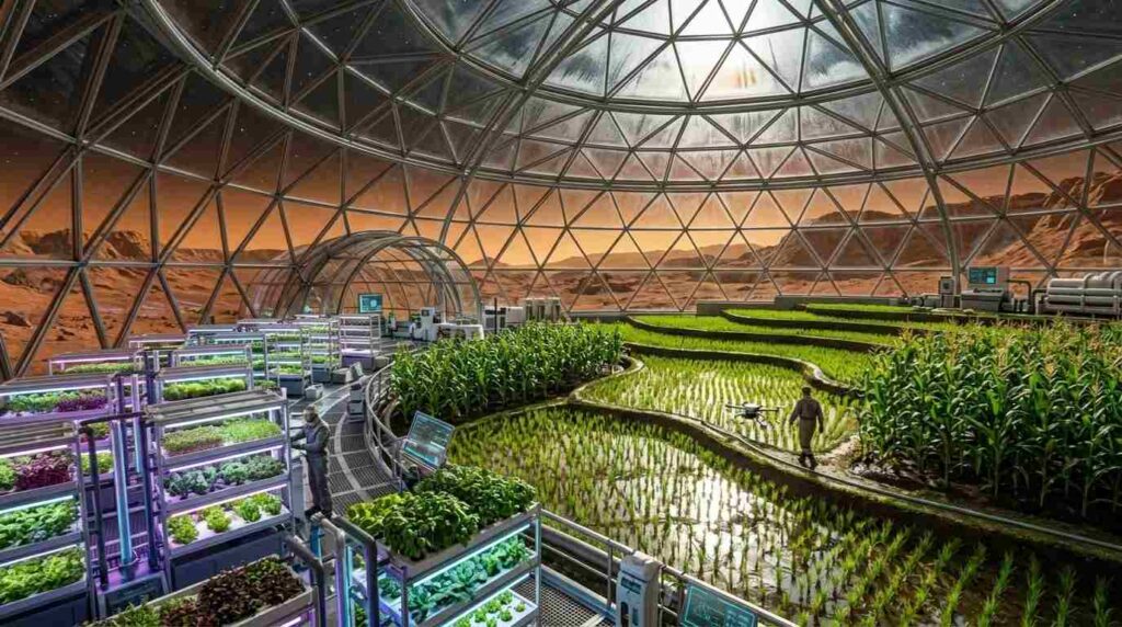 Ilustrasi ai pertanian kota mandiri di Mars