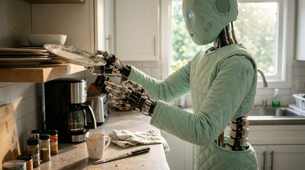 Ilustrasi Sebuah robot AI humanoid dengan desain 1X NEO sedang membantu membereskan piring di rak dapur modern.