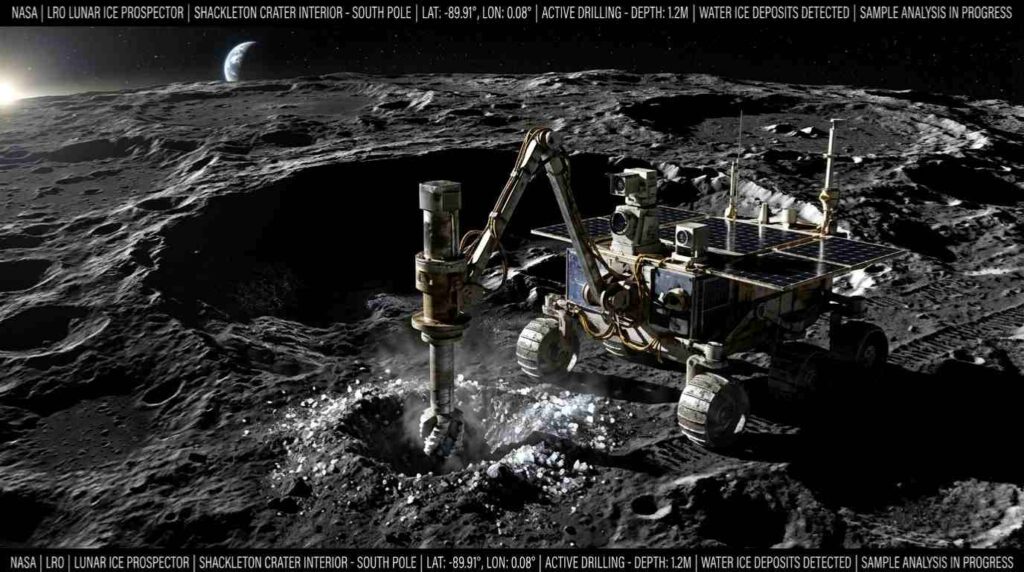 Ilustrasi robot penjelajah yang sedang menambang sumber air raksasa di Bulan