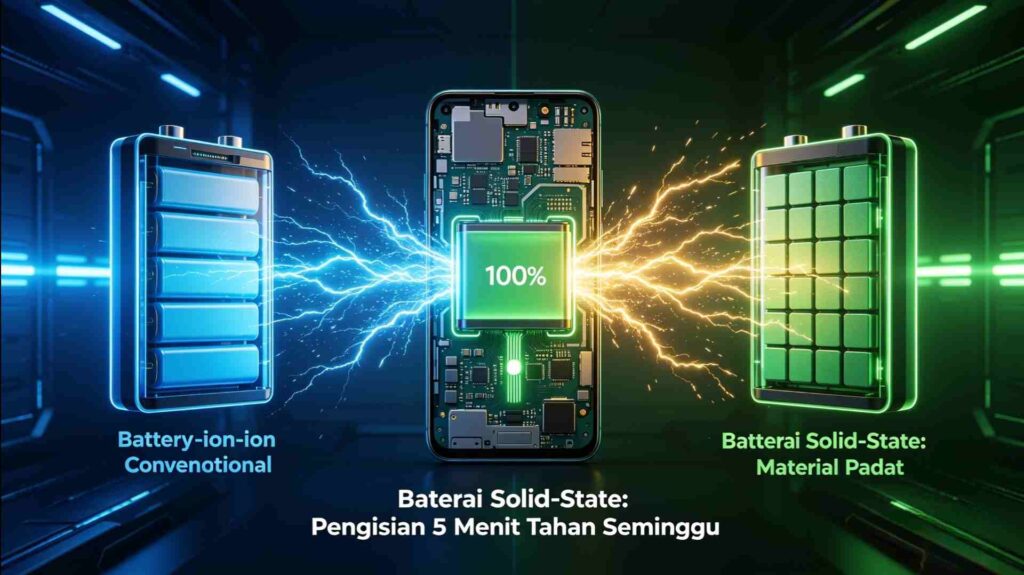 Perbandingan visual antara baterai liquid lithium-ion biasa dengan inovasi radikal teknologi baterai solid-state pada HP.