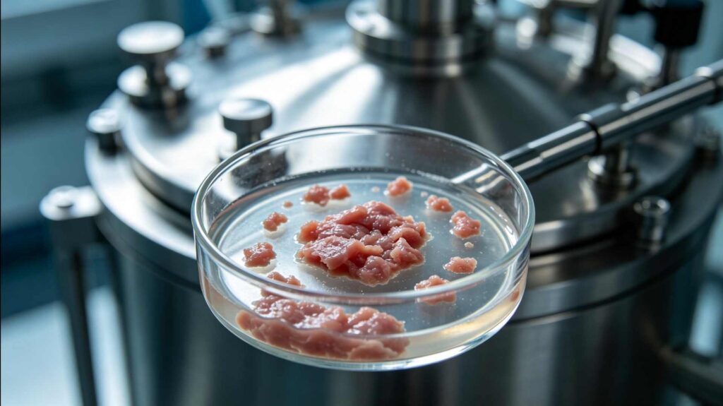 Fotografi makro sel daging buatan tanpa sapi ,hasil budidaya laboratorium di dalam peralatan penelitian bioteknologi