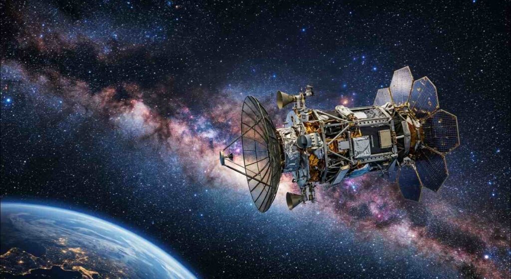 Fotografi perangkat komunikasi ruang angkasa berteknologi tinggi dengan latar belakang hamparan bintang di galaksi memantau planet layak huni baru
