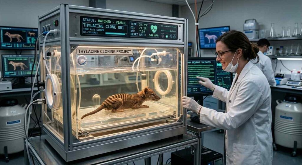 Tabung inkubator canggih di laboratorium yang menetaskan embrio bayi Harimau Tasmania hasil rekayasa genetika DNA. Menghidupkan kembali hewan purba