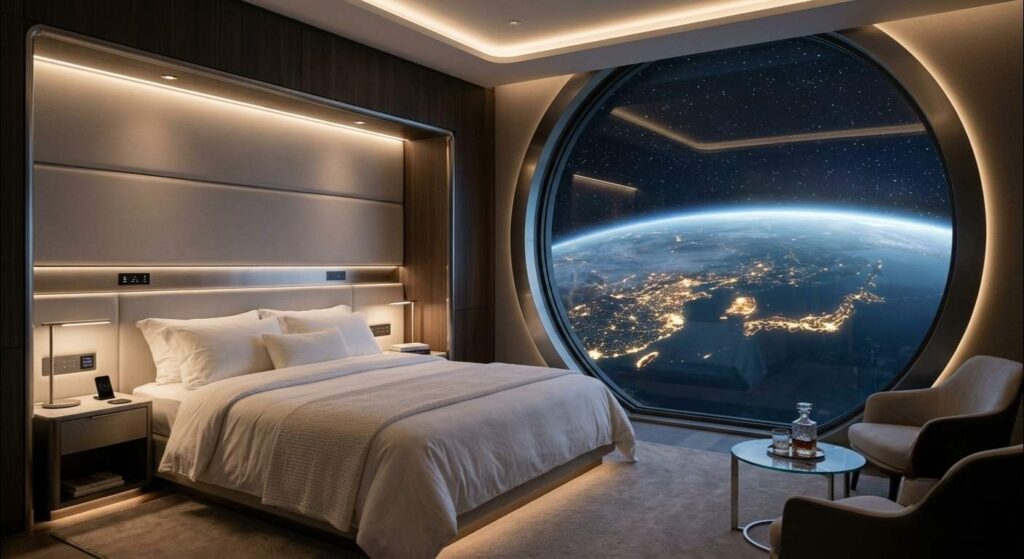 Ilustrasi fotorealistik interior kamar hotel luar angkasa pertama yang mewah dengan pemandangan kurva Bumi yang spektakuler dari jendela besar.