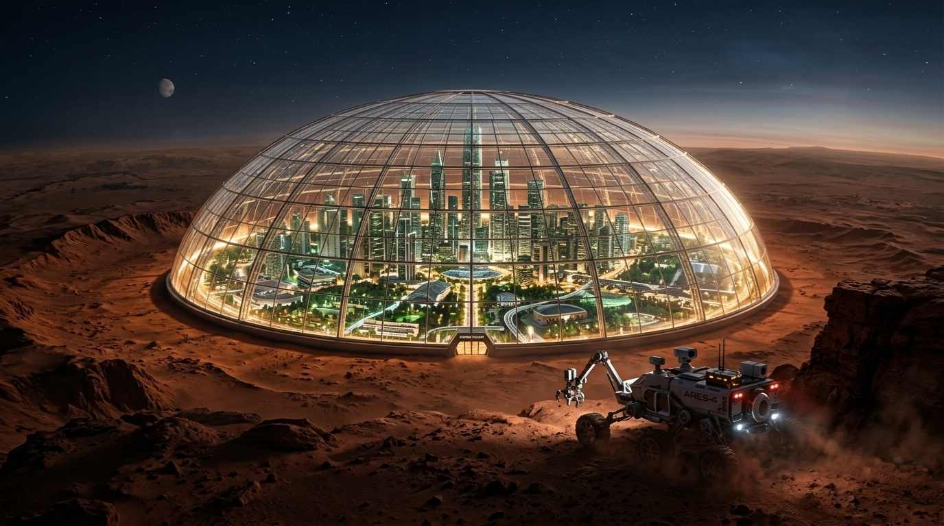 Ilustrasi desain rumah kota mandiri di Mars