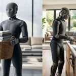 Ilustrasi Sebuah robot AI humanoid dengan desain 1X NEO sedang membawa keranjang cucian dan memasak di atas kompor.