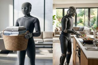 Ilustrasi Sebuah robot AI humanoid dengan desain 1X NEO sedang membawa keranjang cucian dan memasak di atas kompor.