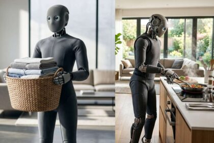 Ilustrasi Sebuah robot AI humanoid dengan desain 1X NEO sedang membawa keranjang cucian dan memasak di atas kompor.