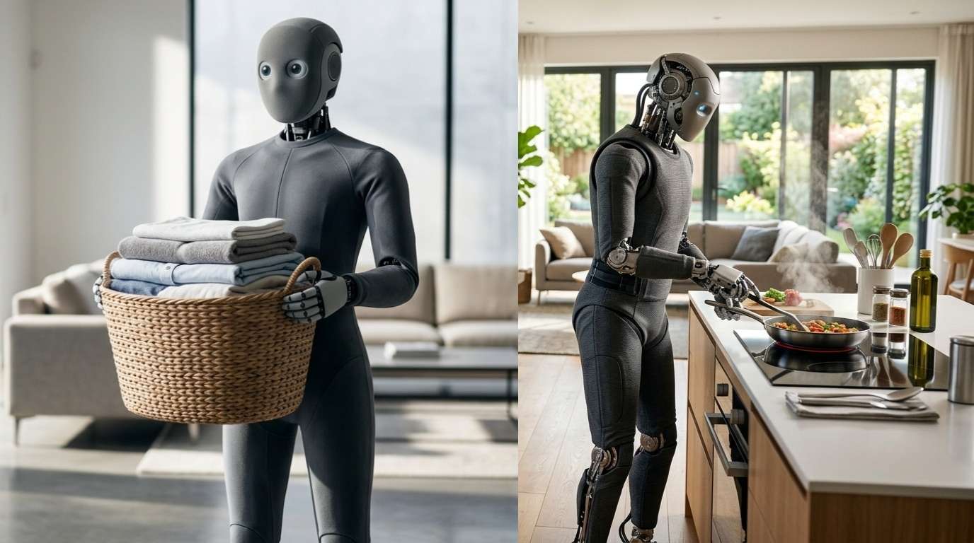 Ilustrasi Sebuah robot AI humanoid dengan desain 1X NEO sedang membawa keranjang cucian dan memasak di atas kompor.