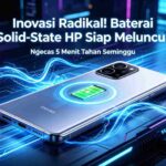 Ilustrasi 3D teknologi baterai solid-state pada HP masa depan yang sedang melakukan pengisian daya kilat.