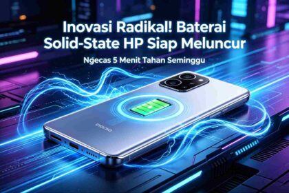 Ilustrasi 3D teknologi baterai solid-state pada HP masa depan yang sedang melakukan pengisian daya kilat.