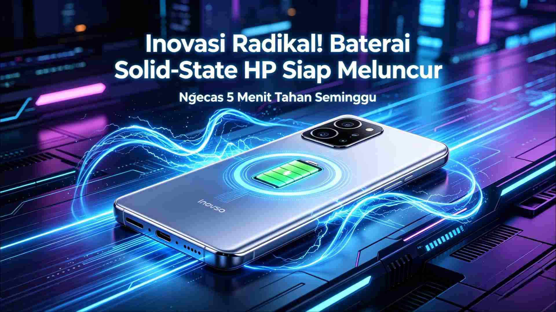 Ilustrasi 3D teknologi baterai solid-state pada HP masa depan yang sedang melakukan pengisian daya kilat.