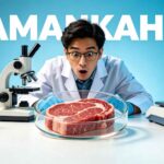 Seorang ilmuwan pria terkejut melihat potongan daging buatan tanpa sapi di dalam cawan petri di laboratorium dengan teks "AMANKAH?" di latar belakang.