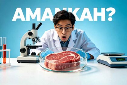 Seorang ilmuwan pria terkejut melihat potongan daging buatan tanpa sapi di dalam cawan petri di laboratorium dengan teks "AMANKAH?" di latar belakang.