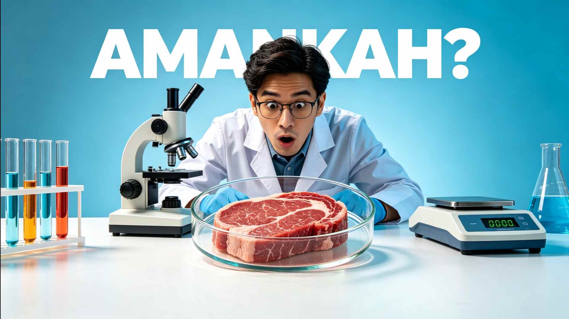Seorang ilmuwan pria terkejut melihat potongan daging buatan tanpa sapi di dalam cawan petri di laboratorium dengan teks "AMANKAH?" di latar belakang.
