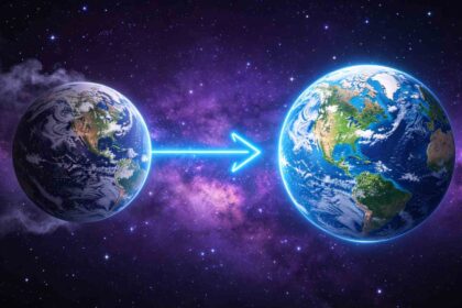 Foto fotorealistik penampakan planet layak huni baru mirip Bumi dengan samudra luas dari luar angkasa.