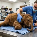 Foto jurnalistik realistis bayi Mammoth berbulu cokelat yang sedang diperiksa oleh dokter hewan di atas meja laboratorium medis. menghidupkan kembali hewan purba