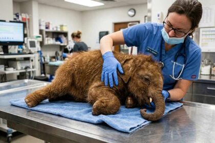 Foto jurnalistik realistis bayi Mammoth berbulu cokelat yang sedang diperiksa oleh dokter hewan di atas meja laboratorium medis. menghidupkan kembali hewan purba