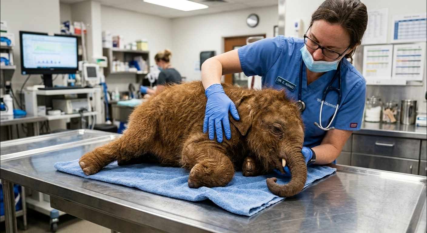 Foto jurnalistik realistis bayi Mammoth berbulu cokelat yang sedang diperiksa oleh dokter hewan di atas meja laboratorium medis. menghidupkan kembali hewan purba