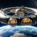 Foto fotorealistik hotel luar angkasa mewah berbentuk lingkaran yang mengorbit planet Bumi dengan pemandangan bintang yang memukau.