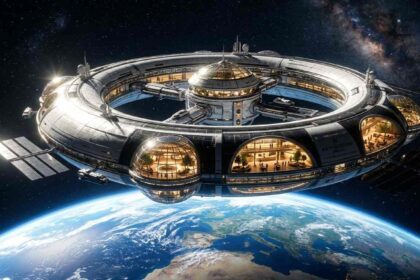 Foto fotorealistik hotel luar angkasa mewah berbentuk lingkaran yang mengorbit planet Bumi dengan pemandangan bintang yang memukau.