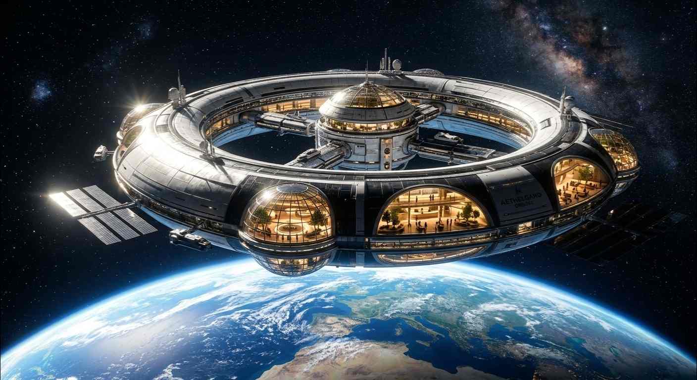 Foto fotorealistik hotel luar angkasa mewah berbentuk lingkaran yang mengorbit planet Bumi dengan pemandangan bintang yang memukau.