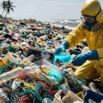 Ilustrasi ilmuwan sedang menuangkan bakteri rekayasa makan plastik