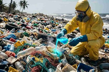 Ilustrasi ilmuwan sedang menuangkan bakteri rekayasa makan plastik
