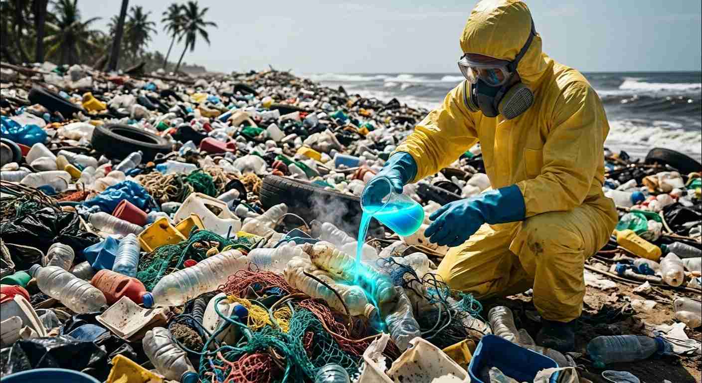 Ilustrasi ilmuwan sedang menuangkan bakteri rekayasa makan plastik