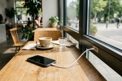 Foto sebuah smartphone yang sedang diisi dayanya, membuktikan bahwa teknologi kaca bening ini bisa hasilkan dan simpan listrik benar-benar nyata di bawah sinar matahari.