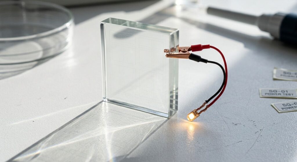 Eksperimen laboratorium yang menunjukkan bagaimana kaca bening ini bisa hasilkan dan simpan listrik secara langsung untuk menyalakan sebuah lampu bohlam kecil tanpa baterai tambahan.