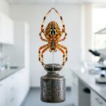Close-up seekor laba-laba penenun yang jaringnya menahan beban besi di laboratorium terang, membuktikan bahwa sutra laba-laba lebih kuat dari baja.