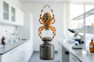 Close-up seekor laba-laba penenun yang jaringnya menahan beban besi di laboratorium terang, membuktikan bahwa sutra laba-laba lebih kuat dari baja.