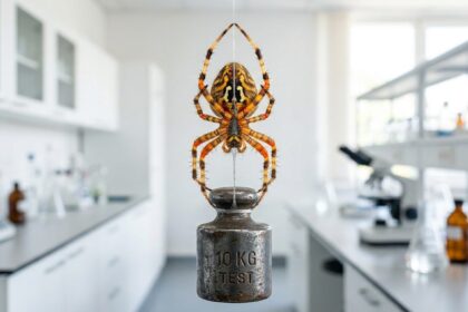 Close-up seekor laba-laba penenun yang jaringnya menahan beban besi di laboratorium terang, membuktikan bahwa sutra laba-laba lebih kuat dari baja.
