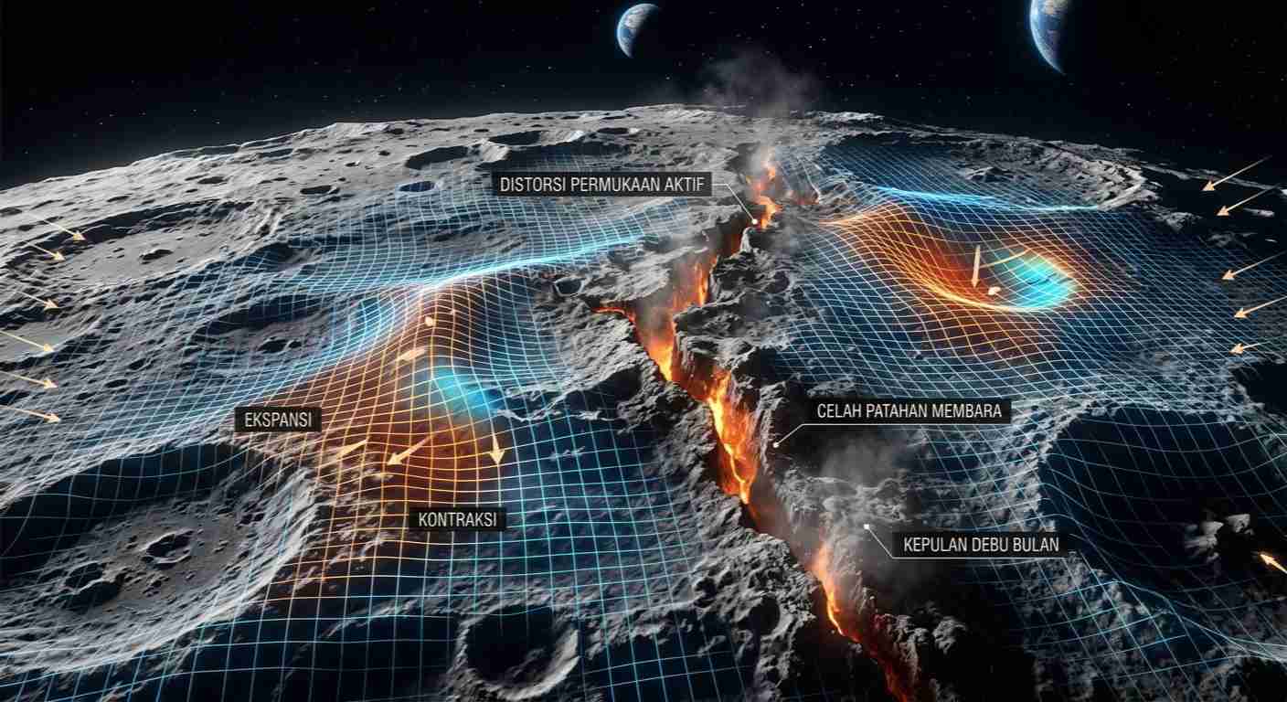 Ilustrasi grid topografi yang menunjukkan bagaimana bulan ternyata bernapas mengembang menyusut